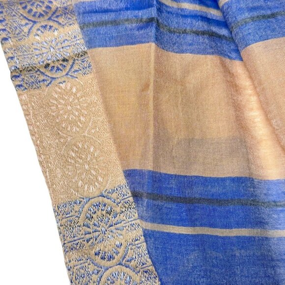 NWT Saachi Large Scarf Silk Blend Tan Blue Brocade Stripes Fringe Boho Lagenlook - Picture 8 of 12